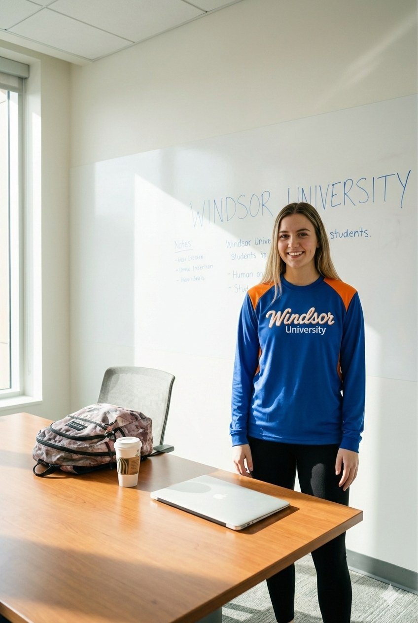 Student wearing a Windsor University long-sleeve shirt in a classroom
